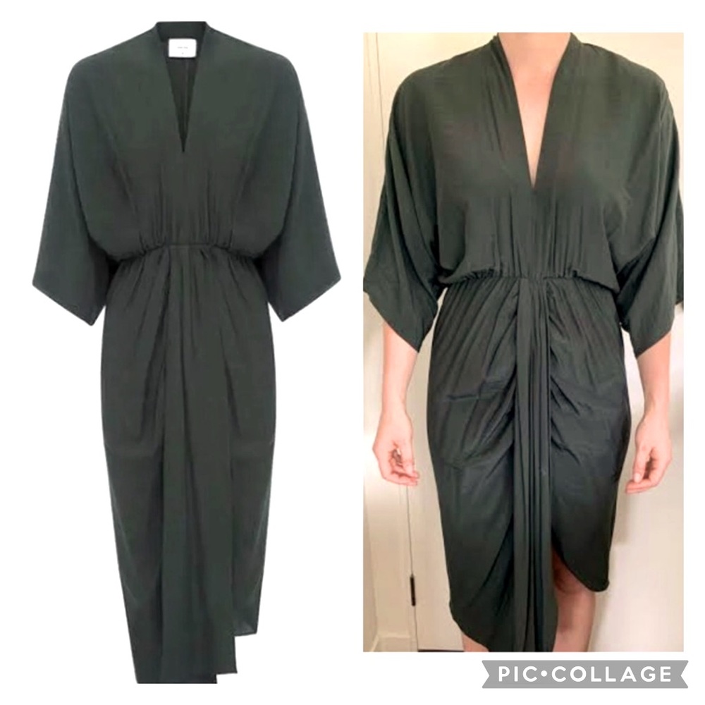 SHEIKE Fortress Olive Green Kimono Sleeve Draped Wedding Evening Midi Dress - Picture 1 of 15